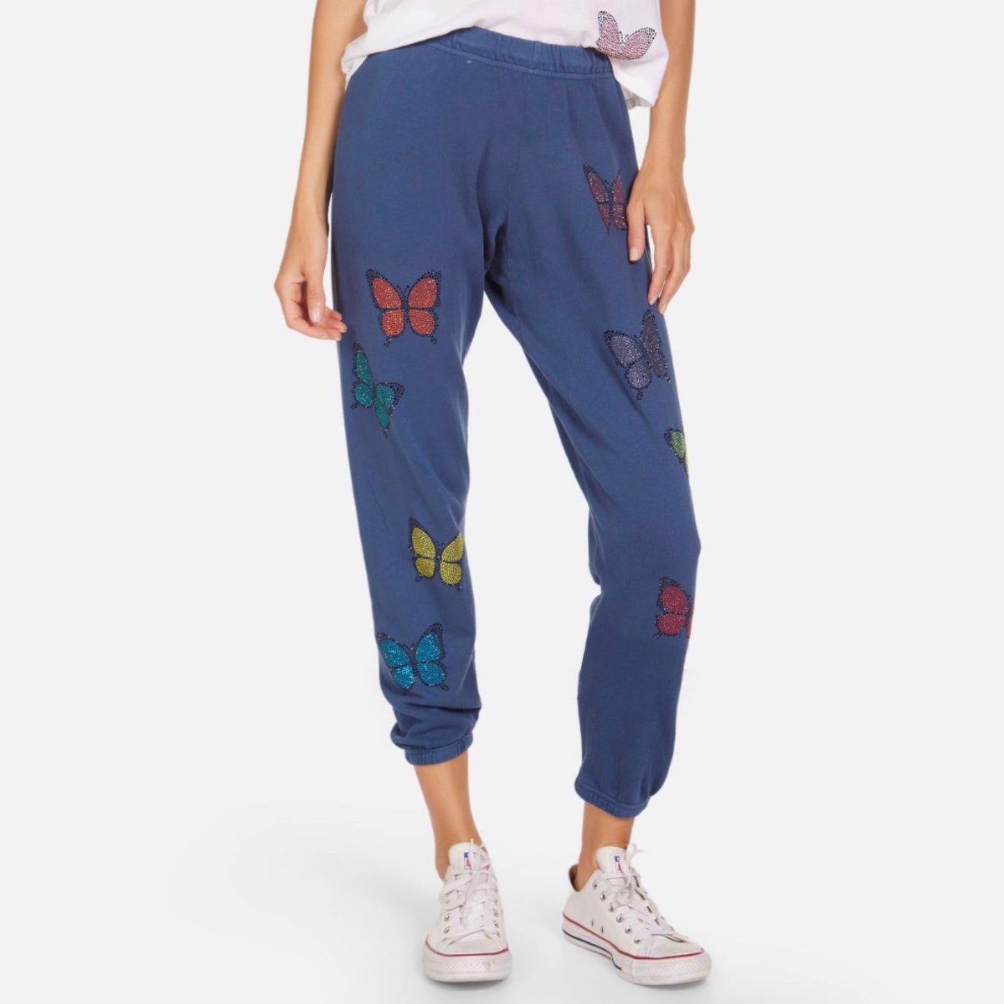 DENIM CRYSTAL BUTTERFLY SWEATPANTS NAVY